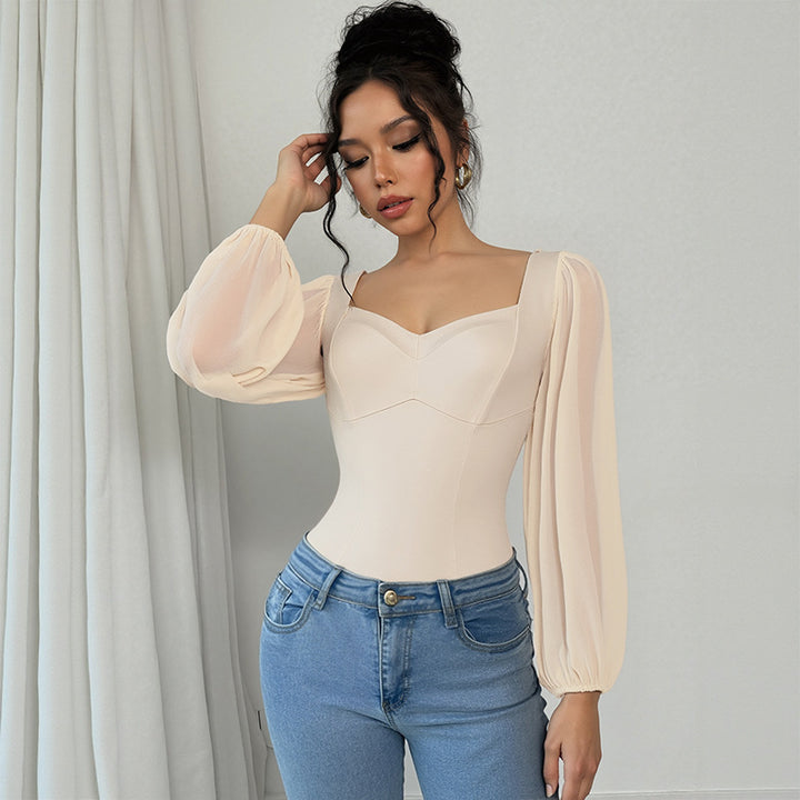 Damen Stretch-Bodysuit mit Puffärmeln und tiefem V-Ausschnitt Drune