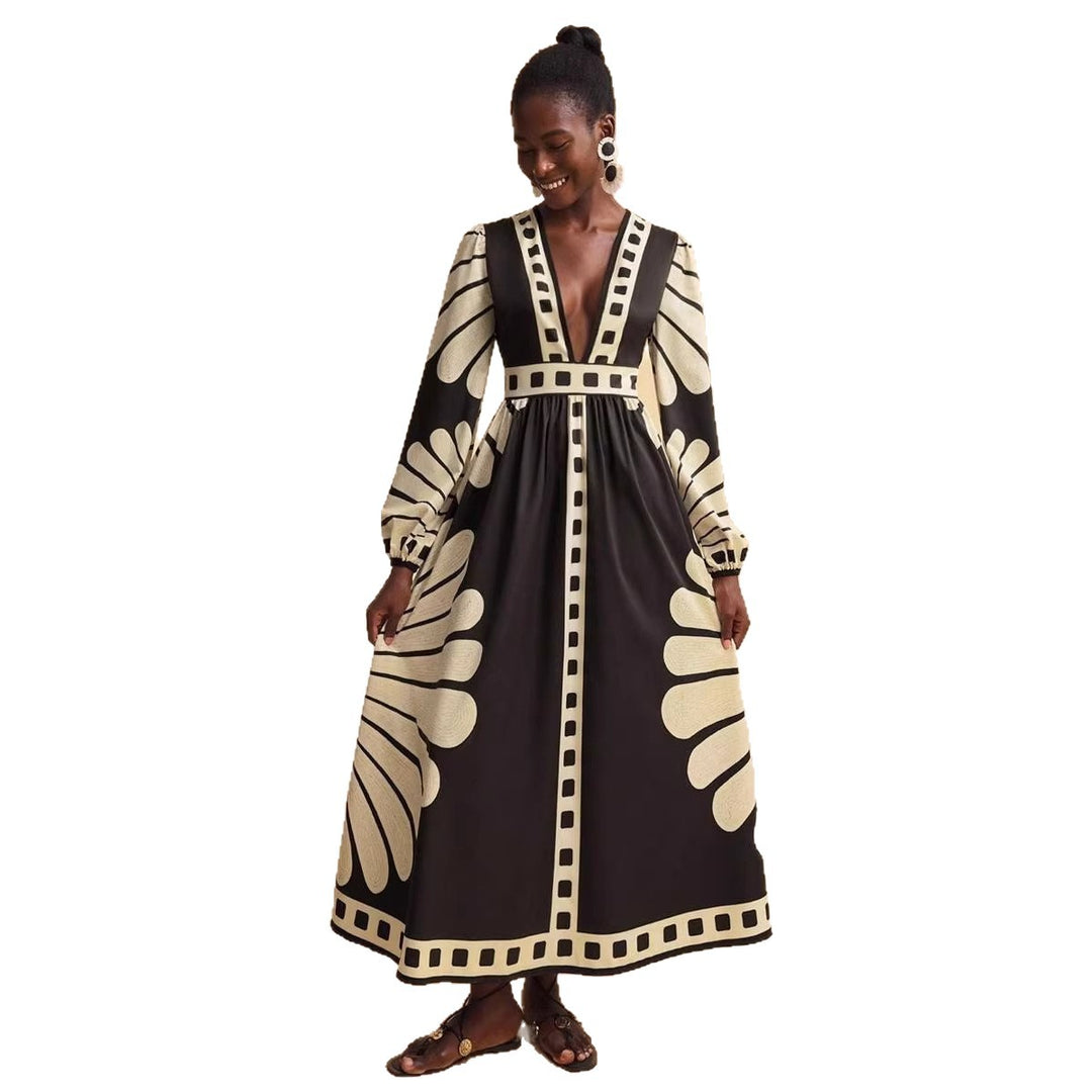 Damen Maxi-Kleid mit tiefem V-Ausschnitt und extravaganten Ärmel-Designs Drune