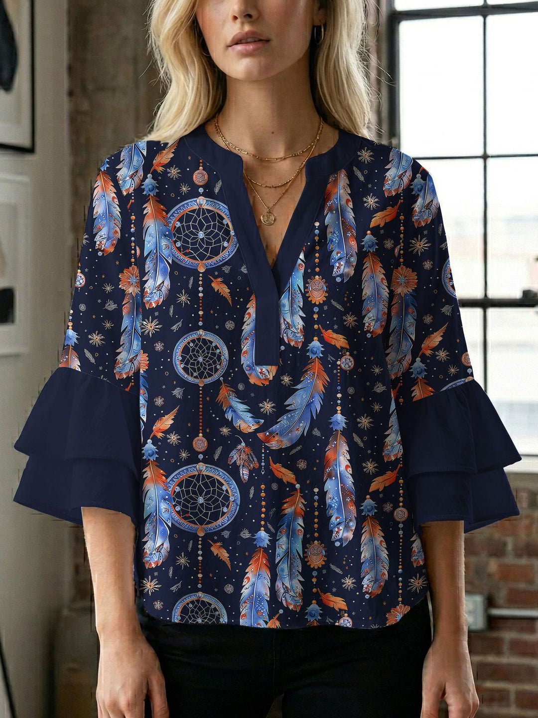 Damen Blusenshirt mit voluminösen Ärmeln und kreativem Druckdesign Drune