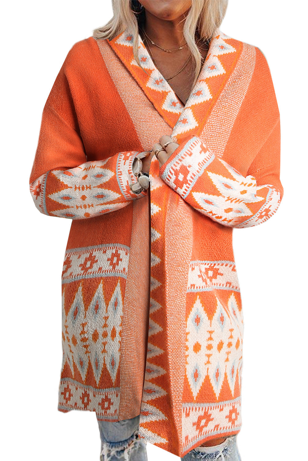Damen Langarm-Strickjacke mit geometrischem Muster und offenen Taschen Drune