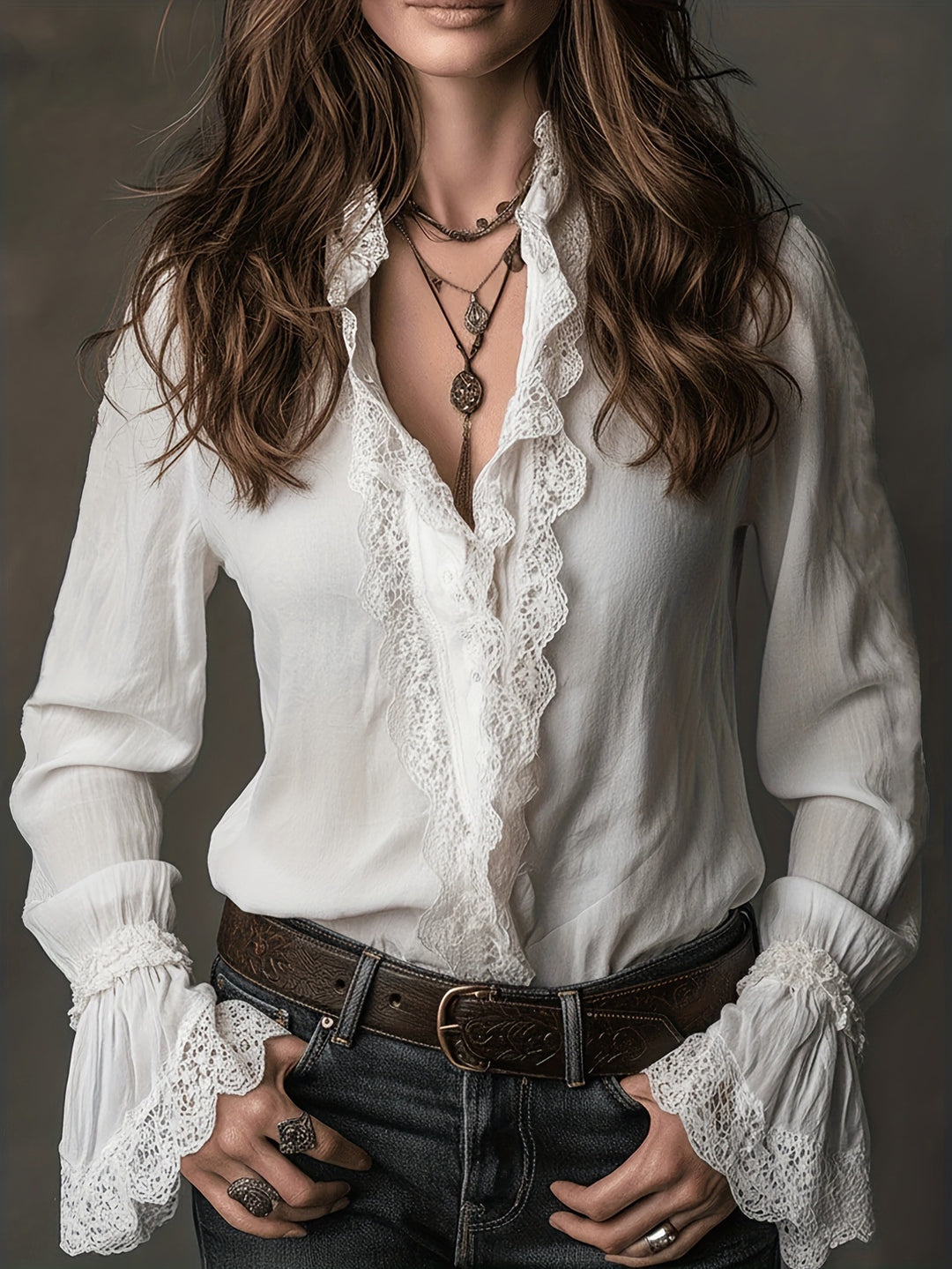 Damen elegante Bluse mit Rüschendetails und Spitzenbesatz Drune
