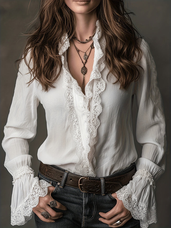 Damen elegante Bluse mit Rüschendetails und Spitzenbesatz Drune
