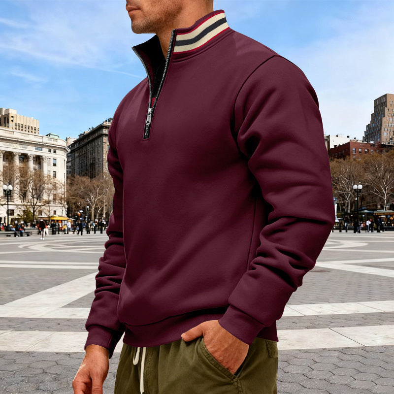 Herren nan Stehkragen-Halbzip-Sweatshirt aus Baumwollfleece mit Kontraststreifen am Kragen und gerippten Bündchen Drune