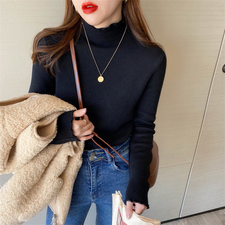 Damen cropped Pullover mit hohem Kragen und Rüschendetails Drune