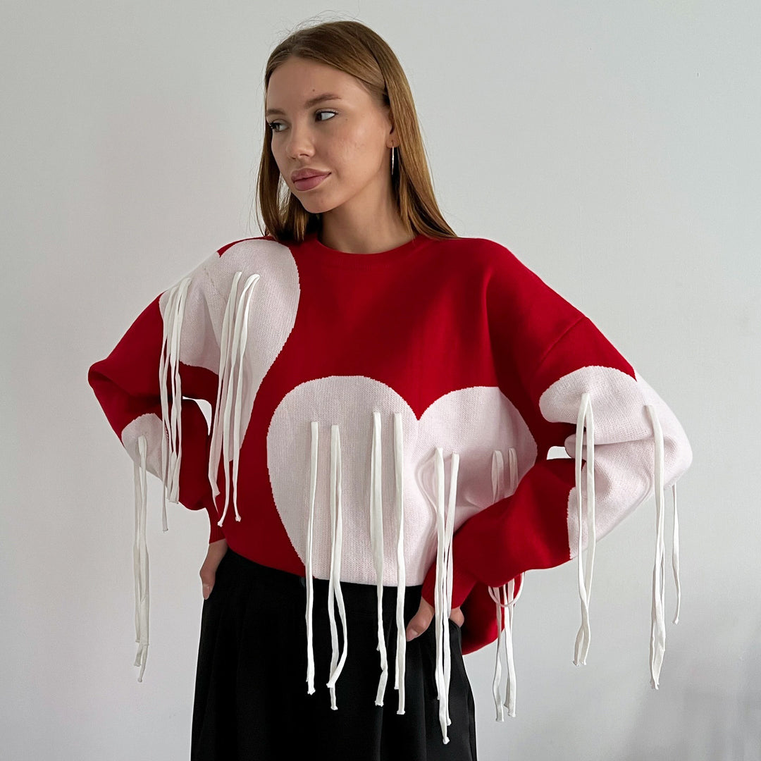 Damen modischer Pullover mit fröhlichem Herzdesign und kreativen Fransen Drune