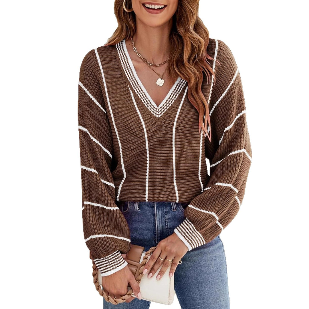 Damen Modischer Pullover mit V-Ausschnitt und streifendem Design Drune