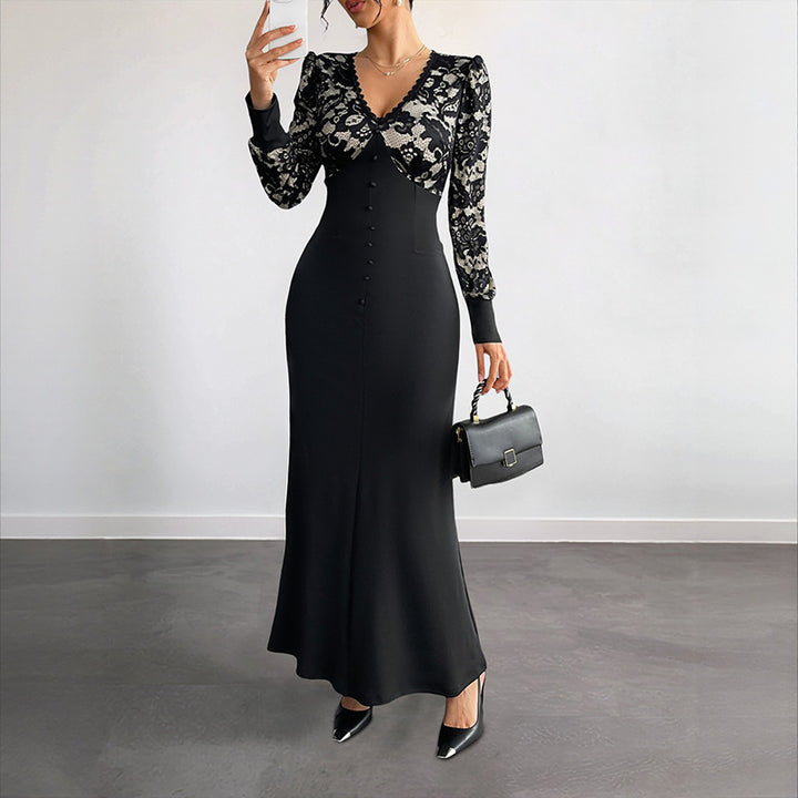 Damen Maxikleid mit elegantem Spitzenoberteil und taillierter Silhouette Drune