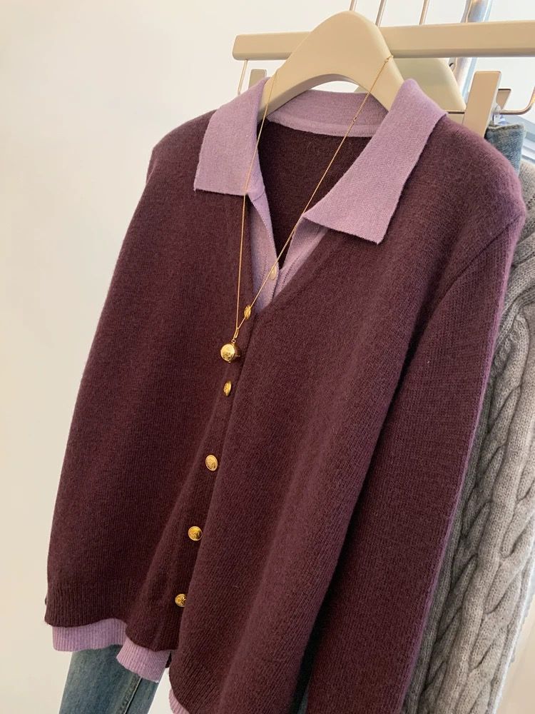 Damen modische Strickjacke mit elegantem Kragen und großen Knöpfen Drune
