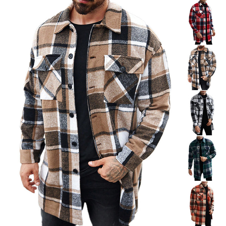 Herren nan kariertes Longline-Überhemd mit aufgesetzten Brusttaschen und Knopfleiste Drune