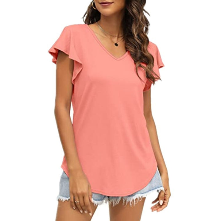 Damen V-Ausschnitt T-Shirt mit Rüschenärmeln und lässigem Schnitt Drune