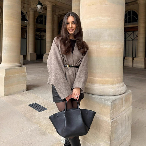 Damen Oversized Wolljacke mit Gürtel und weiten Ärmeln Drune