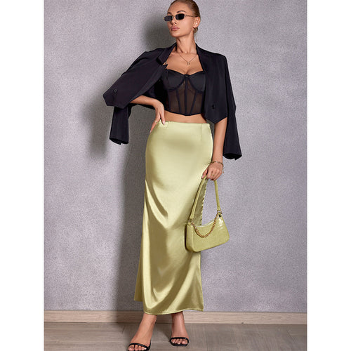 Damen Eleganter Maxirock aus glänzendem Satin mit hohem Schlitz Drune