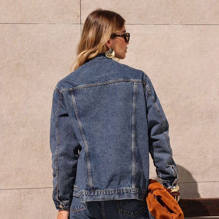 Damen Jeansjacke im Vintage-Stil mit zwei Brusttaschen und knöpfbarem Kragen Drune