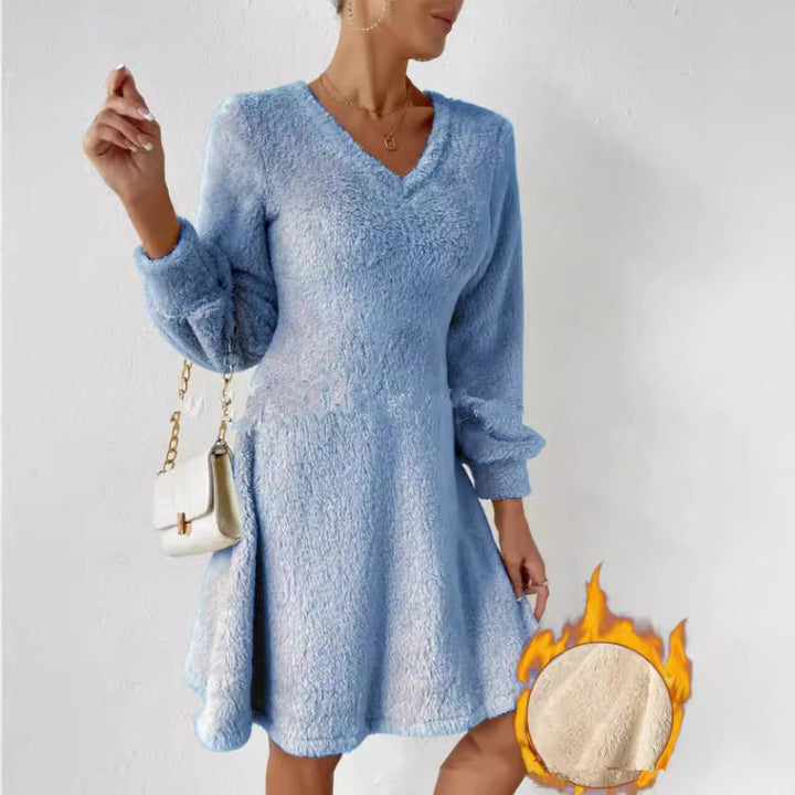 Damen Flauschiges V-Ausschnitt Kleid mit langen Ärmeln Drune