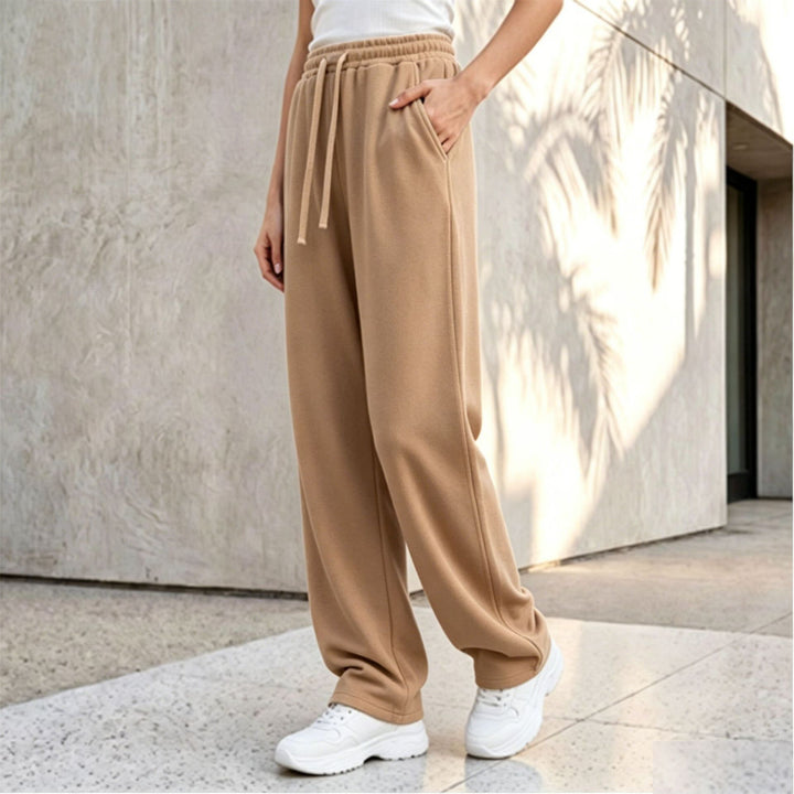 Damen nan weite Loungepalazzo-Hose mit hohem Komfortbund, Kordelzug, seitlichen Eingrifftaschen und dekorativer Seitennaht Drune