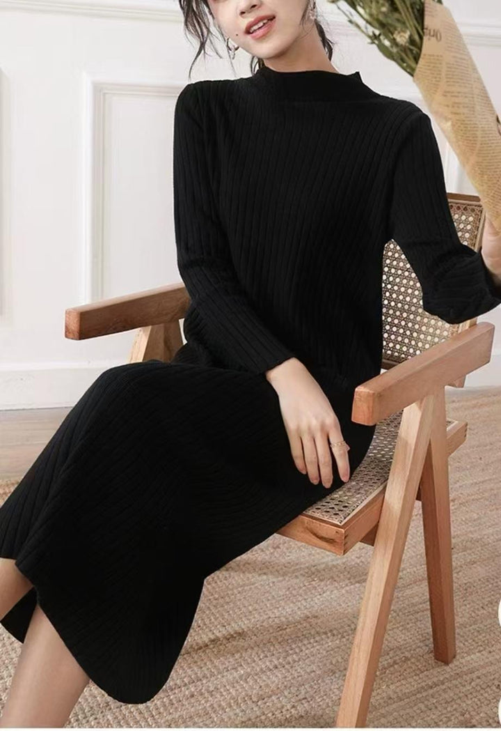 Damen Strickkleid mit feiner Rippstruktur und hohem Kragen Drune