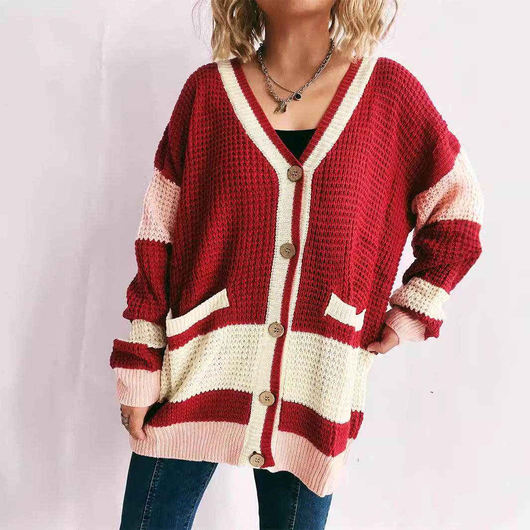 Damen Strickjacke mit modernen Streifenmustern und praktischen Taschen Drune