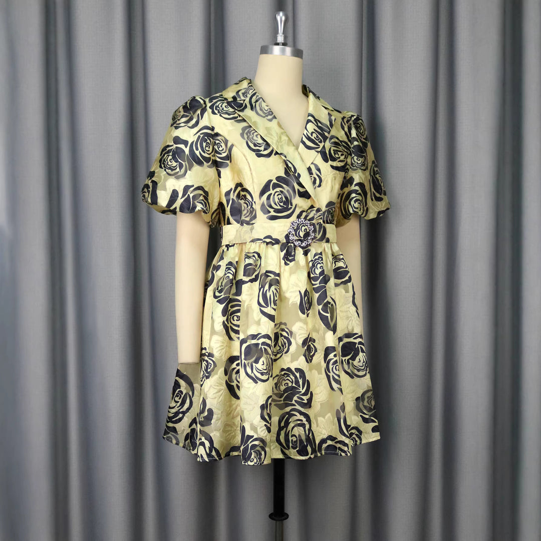 Damen Blumendesign Kurzkleid mit tailliertem Schnitt und auffälligen Puffärmeln Drune