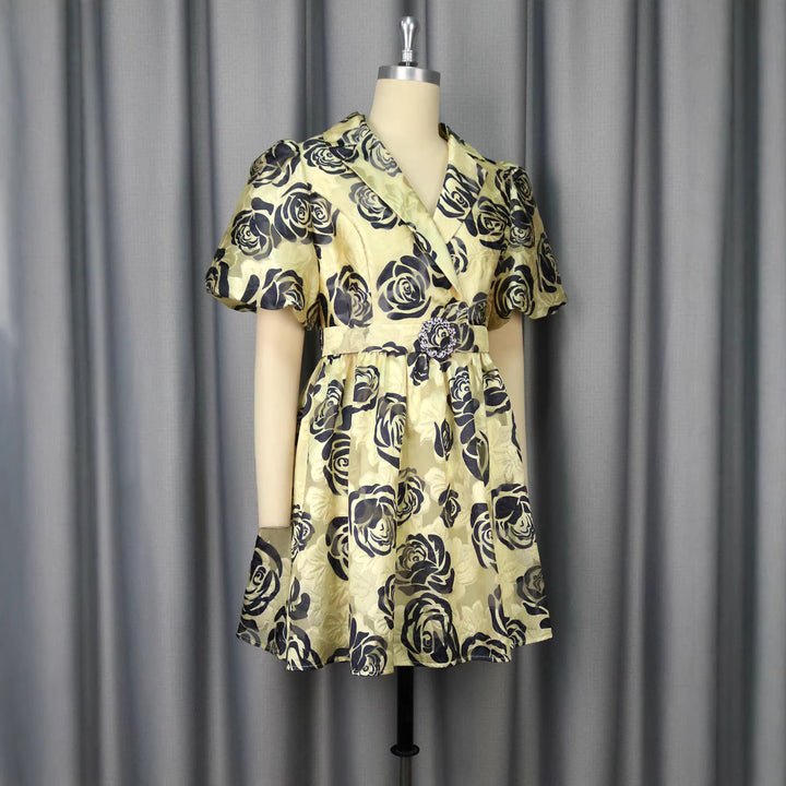 Damen Blumendesign Kurzkleid mit tailliertem Schnitt und auffälligen Puffärmeln Drune