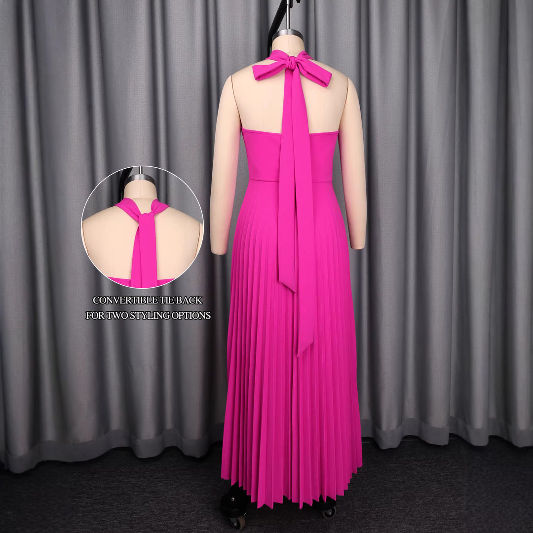 Damen Elegantes Plissiertes Maxikleid mit dekorativen Rosen Drune