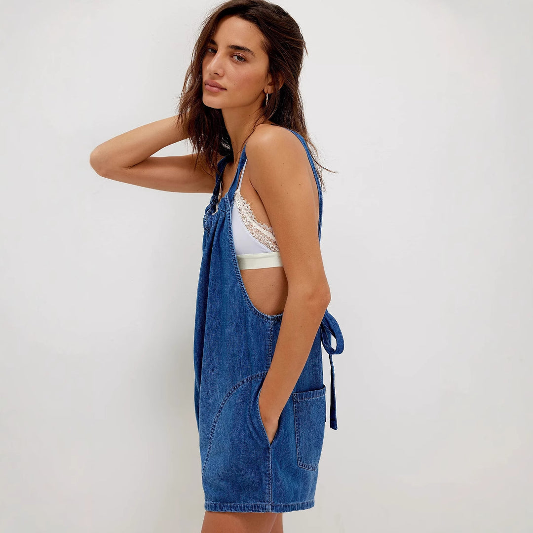 Damen Denim-Shortoverall mit gerafftem Ausschnitt und seitlichen Taschen Drune