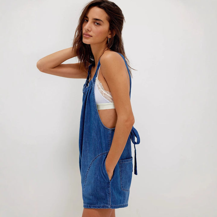 Damen Denim-Shortoverall mit gerafftem Ausschnitt und seitlichen Taschen Drune