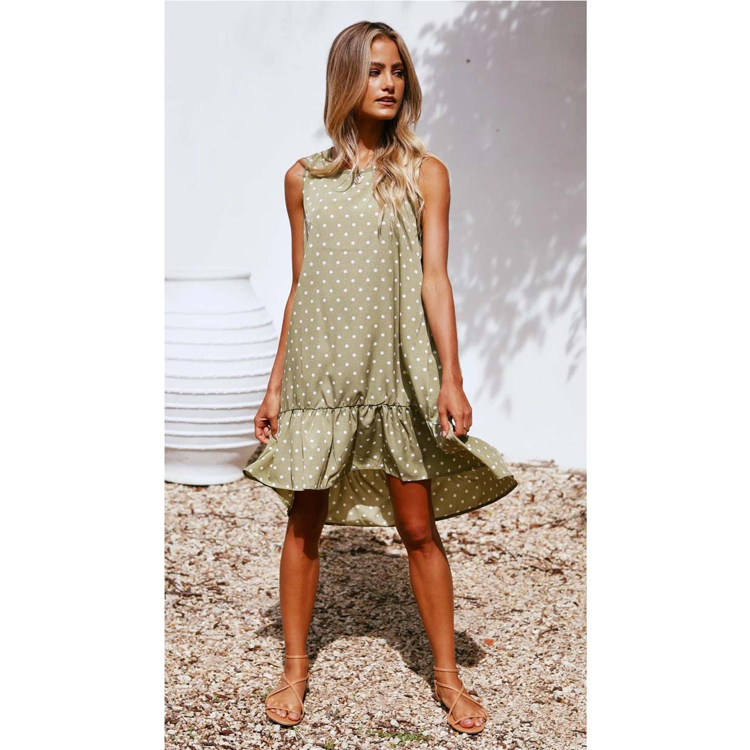 Damen Freizeitkleid mit rüschengesäumtem Rock und polka-dots Drune