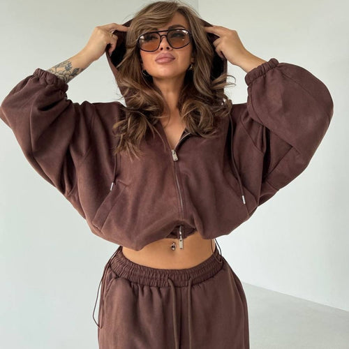Damen Sportliches Velours-Jogginganzug-Set mit stylischer Kapuze und weitem Schnitt Drune
