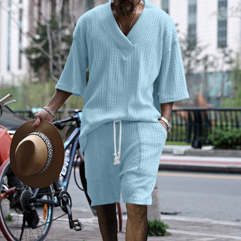 Herren nan lässiges Strick-Set mit V-Ausschnitt, Kurzarm-Oversize und Kordelshorts Drune