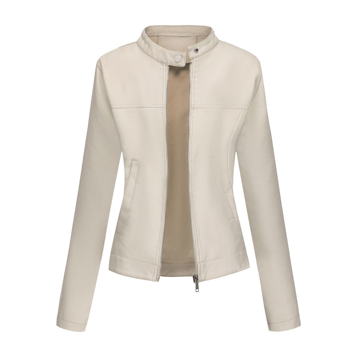 Damen nan taillierte Kunstlederjacke mit Stehkragen, verdecktem Reißverschluss und cleanem Minimaldesign Drune