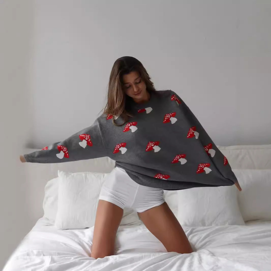 Damen Strickpullover mit verspieltem Pilzmotiv Drune