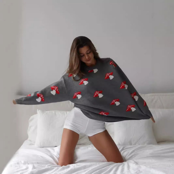 Damen Strickpullover mit verspieltem Pilzmotiv Drune