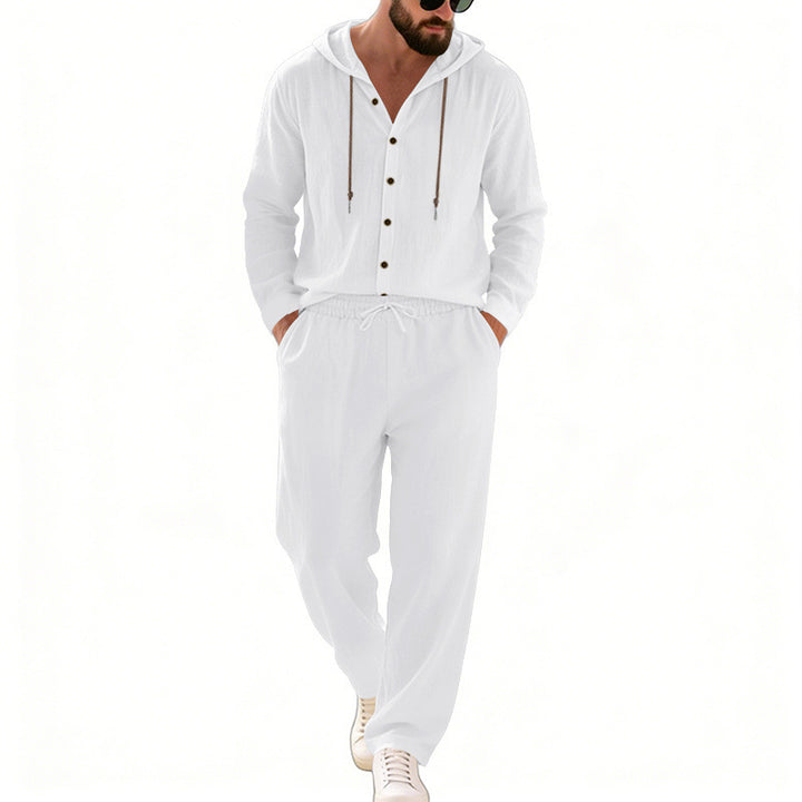 Herren nan legeres Kapuzen-Lounge-Set mit Knopfleiste, Kordelbundhose und seitlichen Eingrifftaschen Drune