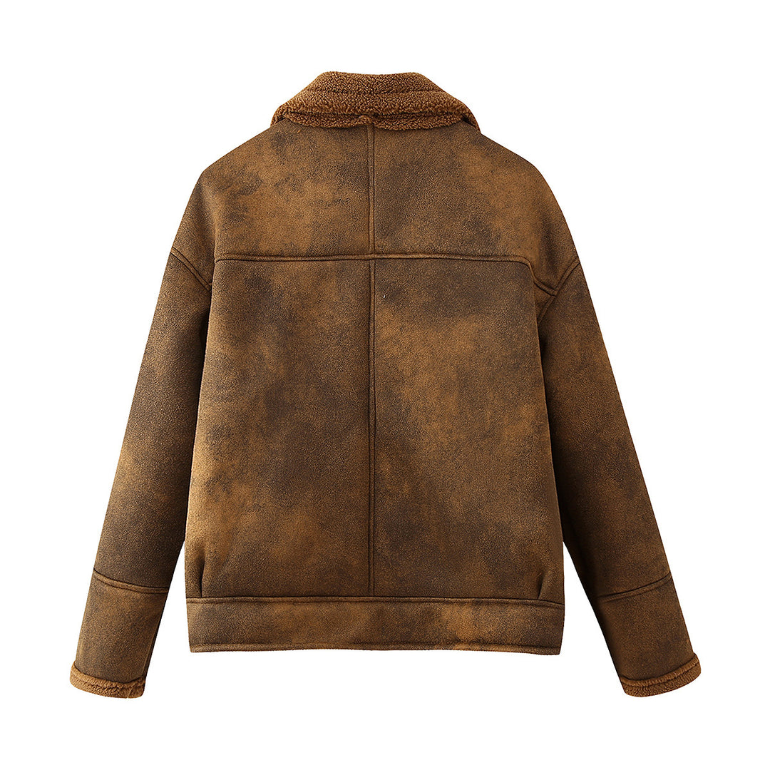 Damen gemütliche Teddy-Lederjacke mit praktischen Taschen Drune