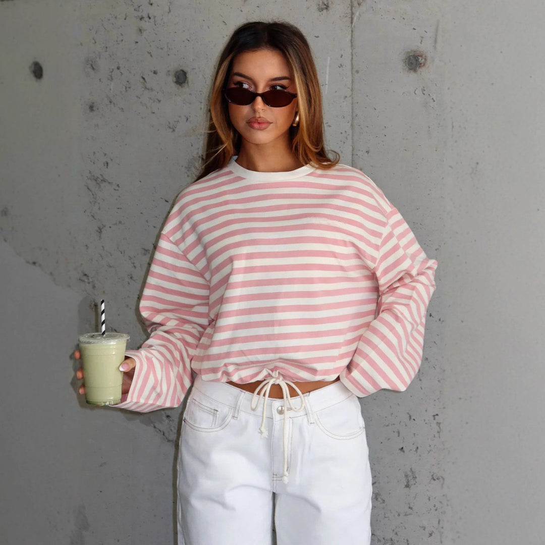 Damen lässiges gestreiftes Crop-Top mit Kordelzug Drune