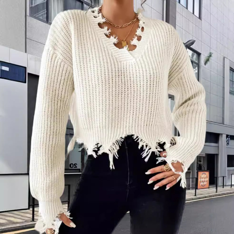 Damen Oversized Strickpullover mit fransigem Saum und raffiniertem Ausschnitt Drune