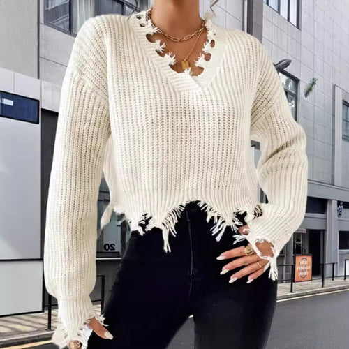 Damen Oversized Strickpullover mit fransigem Saum und raffiniertem Ausschnitt Drune
