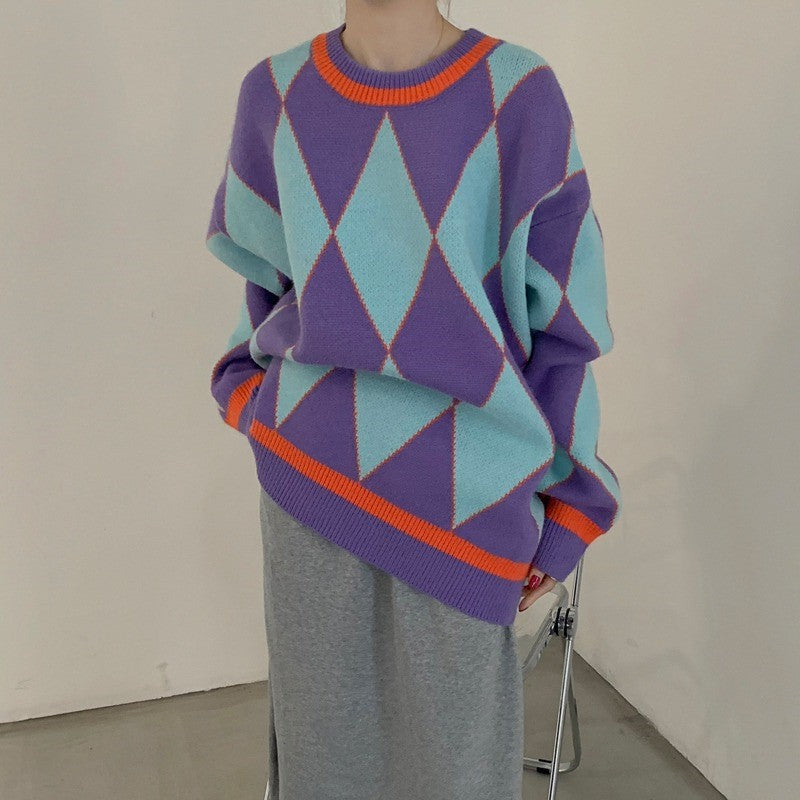 Damen oversized Strickpullover mit geometrischem Muster und Farbkontrasten Drune