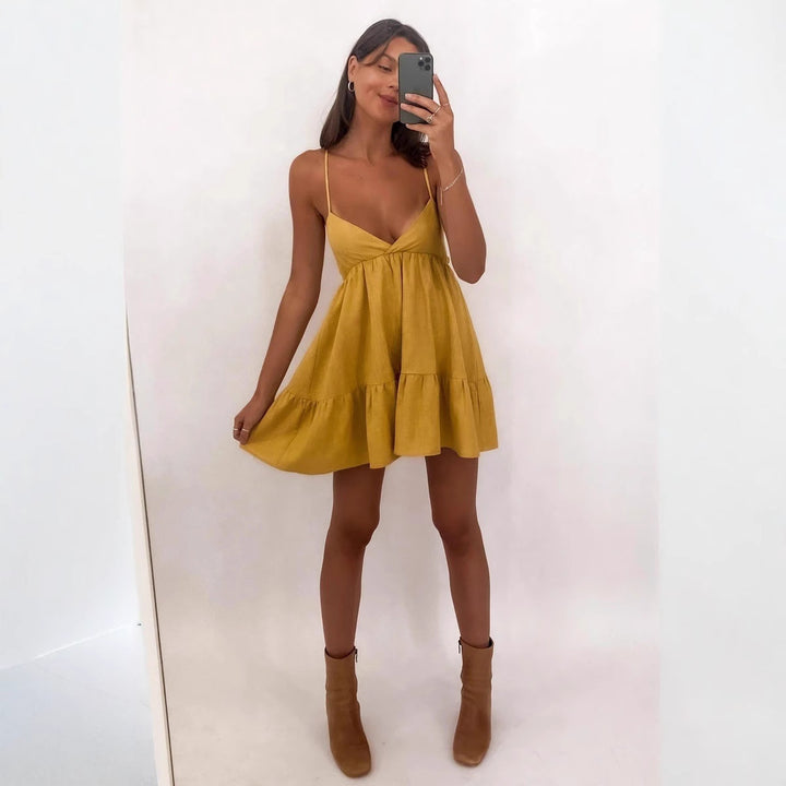 Damen Luftiges Sommerkleid mit Volant und Trägern Drune