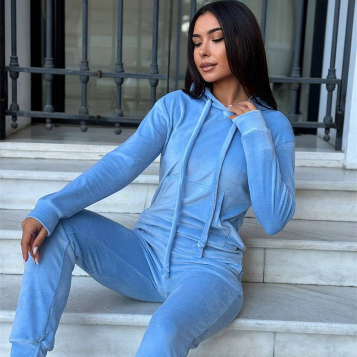 Damen elegantes Velours-Loungewear-Set mit Kapuze und elastischen Bündchen Drune