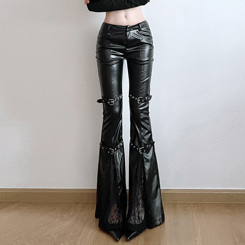 Damen Modische Kunstleder Flared Hose mit verstellbarem Bund Drune