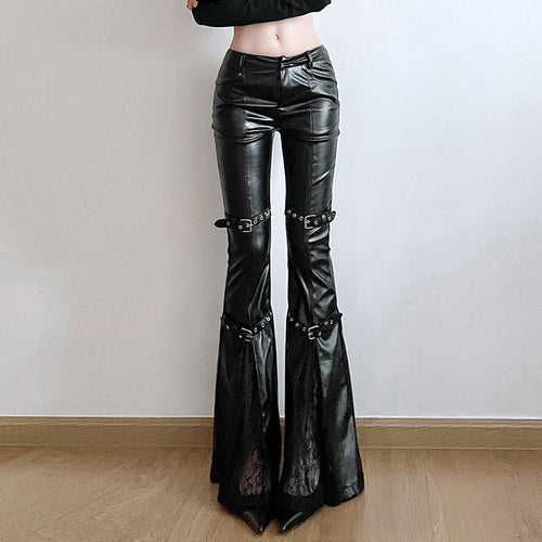 Damen Modische Kunstleder Flared Hose mit verstellbarem Bund Drune
