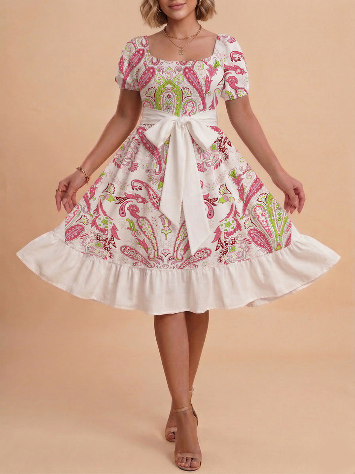 Damen elegantes Maxikleid mit floralem Design und Taillengürtel Drune