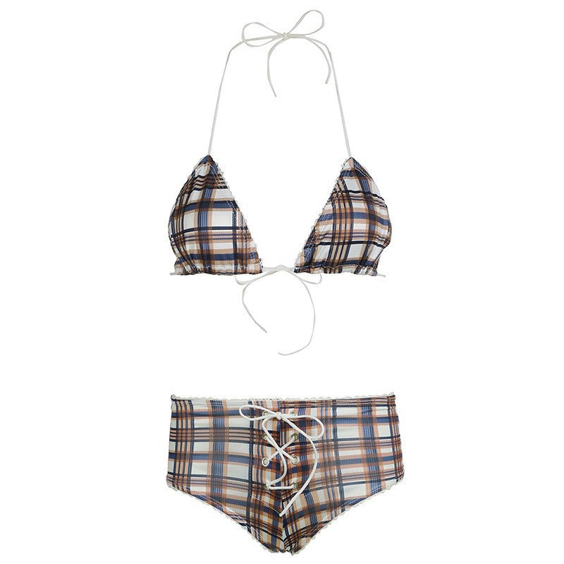 Damen Triangel-Bikini mit verspieltem Karomuster und seitlichem Schnürdetail Drune