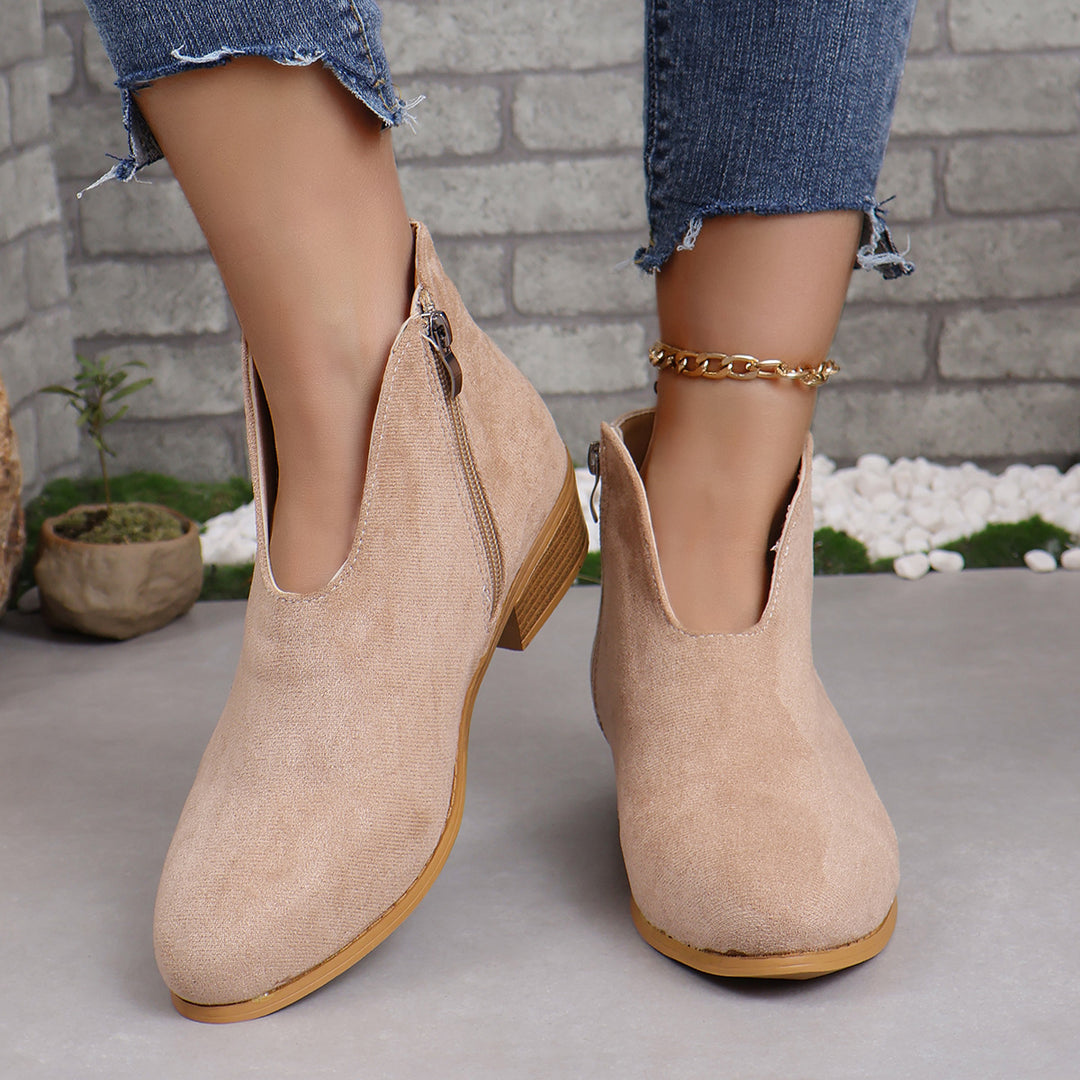 Damen nan V‑Ausschnitt Ankleboots aus Veloursoptik mit seitlichem Reißverschluss und niedriger Holzblocksohle Drune