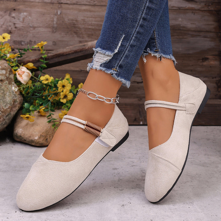 Damen nan flache Mary-Jane Ballerinas aus Veloursimitat mit elastischem Zierband und gepolsterter Komfortinnensohle Drune