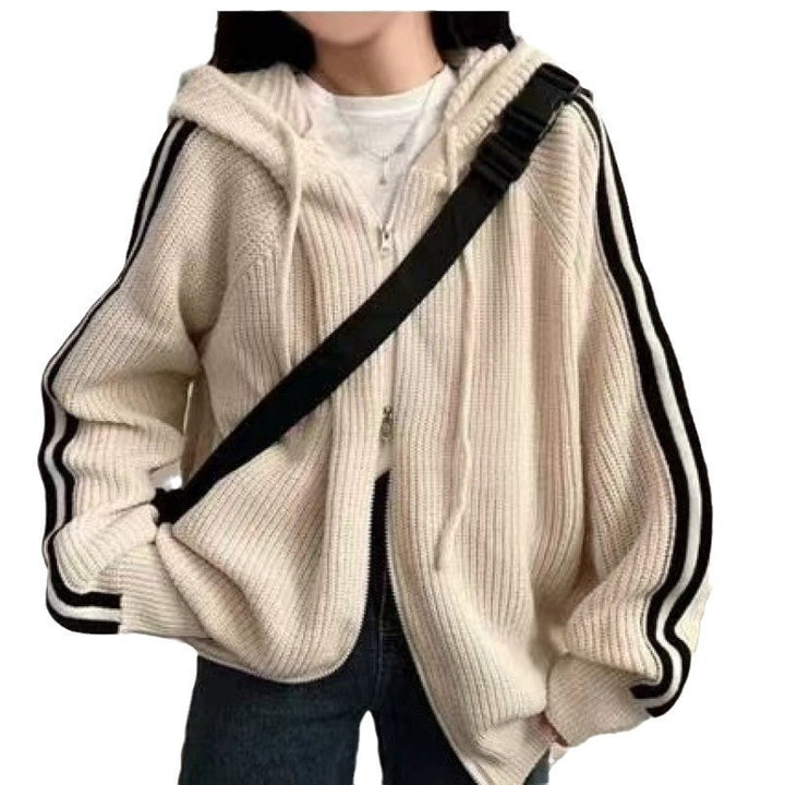 Damen lässiger Strickhoodie mit tiefem V-Ausschnitt und seitlichen Streifen Drune