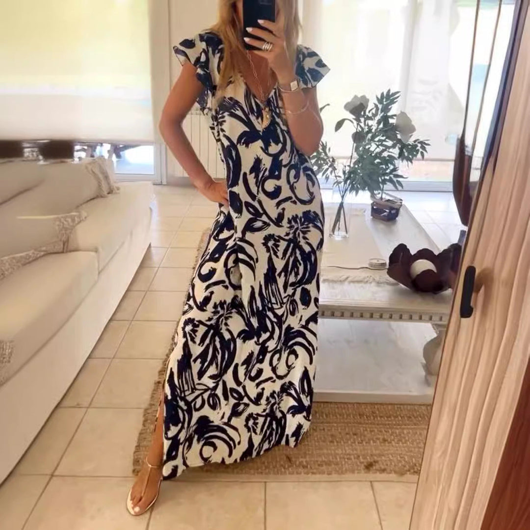 Damen Maxikleid mit voluminösen Ärmeln und elegantem V-Ausschnitt Drune