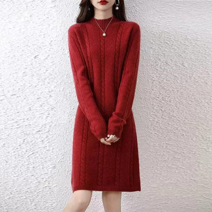 Damen Strickkleid mit elegantem Zopfdesign und hohem Kragen Drune