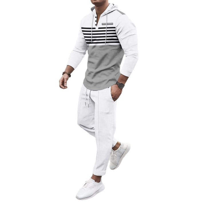 Herren nan Henley-Kapuzen-Lounge-Set mit Streifenpasse, Halbknopfleiste und konischer Jogginghose Drune